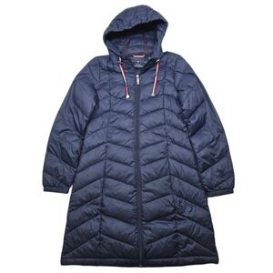 Tommy Hilfiger Premium Down Puffer Coat Womens XS Navy Packable Hood Long